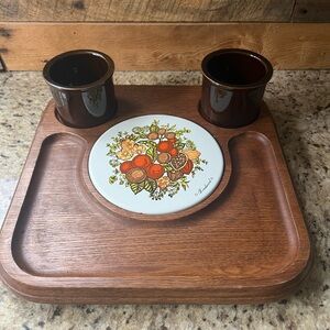 Vintage Goodwood Charcuterie Tray with Ceramic Trivet & Brown Ceramic Dip Cups